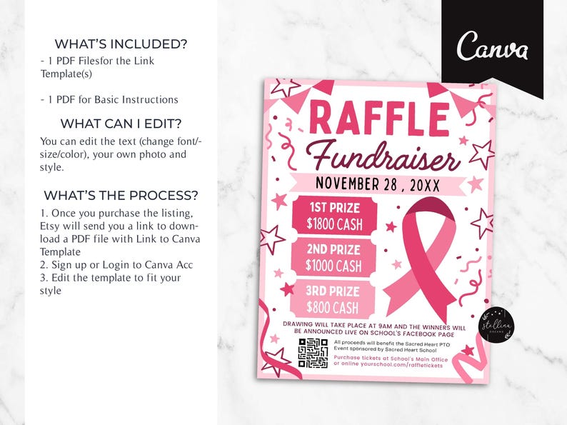 Pink Ribbon G Raffle Pink Ribbon Raffle Fundraiser Flyer for Cancer: Editable Canva Template ...