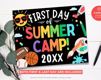 Summer Camp Sign Template | First & Last Day Camp Photo Sign | Editable Canva Chalkboard Poster | Sports Arts