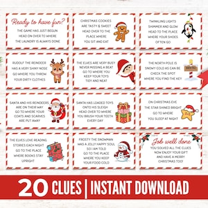 Puede incluir: Un juego navideño con 20 pistas en tarjetas con bordes rojos. Las tarjetas presentan ilustraciones festivas de Papá Noel, renos y elfos. El texto incluye frases como "¿Listo para divertirte?" y "¡Bien hecho!".