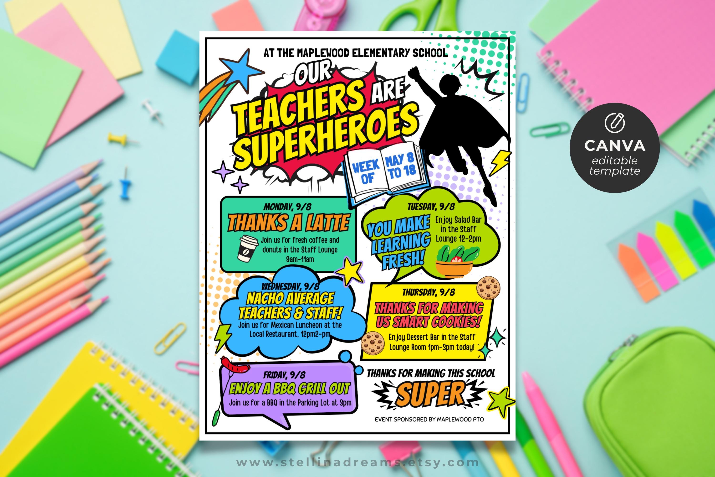 Superhero Teacher Appreciation Week Itinerary | Printable Staff ...
