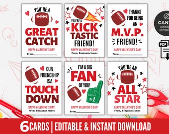May include: Set of six Valentine's Day cards with football themes. Each card features a football graphic and a unique message in red and black, such as "Great Catch" and "All Star." Includes a Canva template and PDF download.