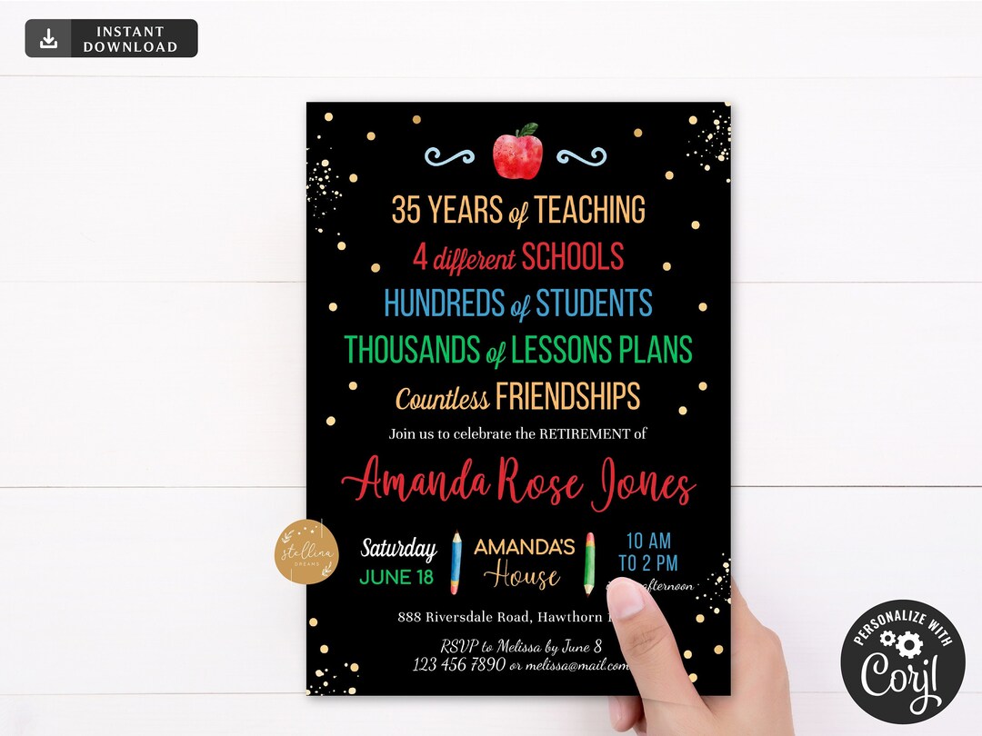 Teacher Retirement Invitation, Printable Digital Teacher Invite ...