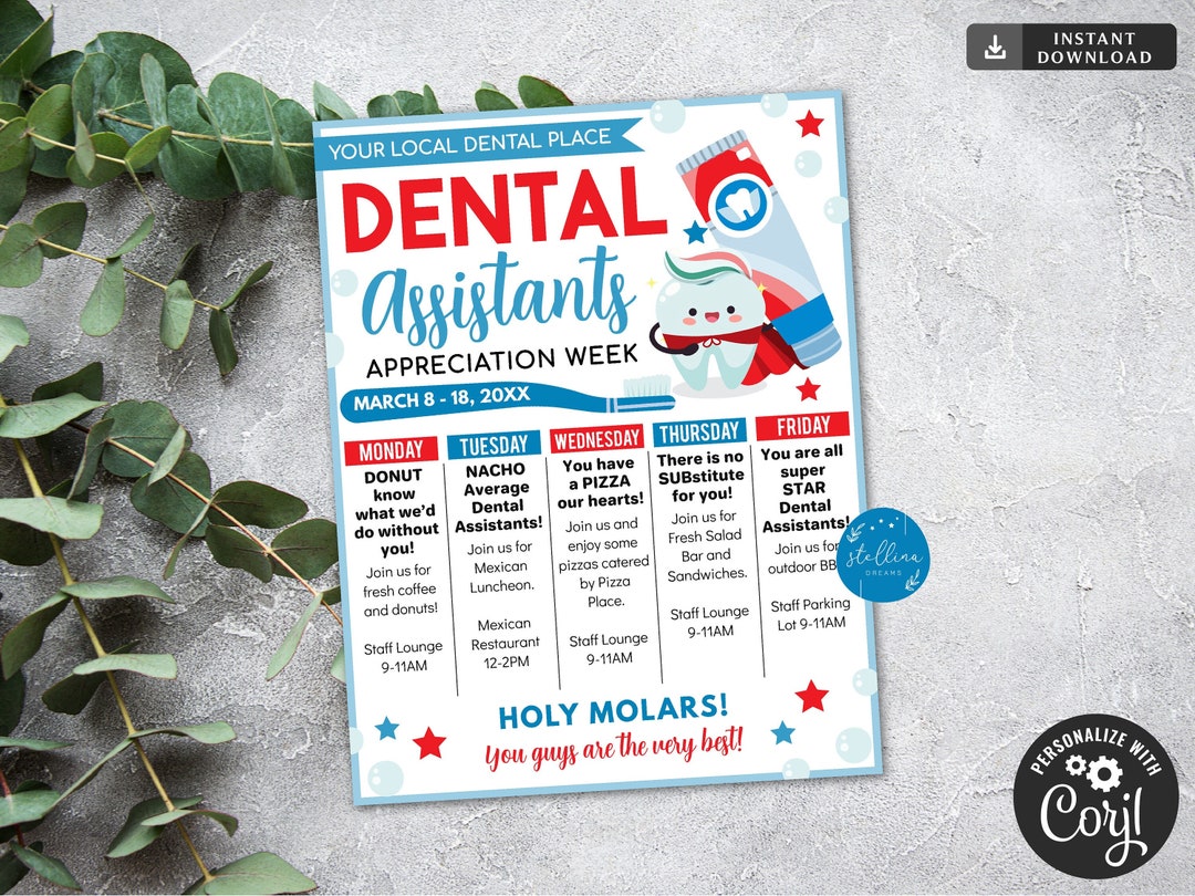 EDITABLE Dental Assistants Appreciation Week Itinerary Template, Thank You Dental Hygienists