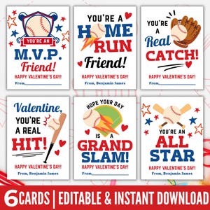 以下が含まれることがあります： 「You're an MVP Friend!」や「You're a Real Catch!」などのフレーズが赤、白、青で書かれた、野球をテーマにしたバレンタインデーカード6枚。カードは編集可能で、すぐにダウンロードできます。