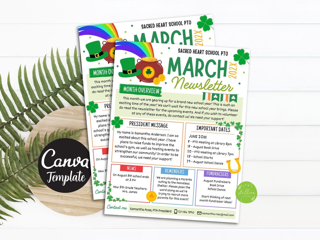 Editable March PTO PTA Newsletter Flyer, St. Patricks Day Printable ...