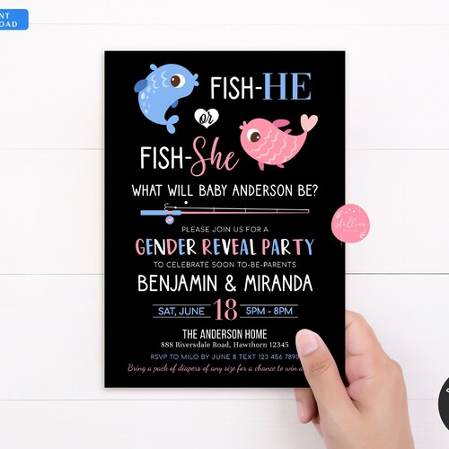 Fishing Gender Reveal Fish He or Fish She Gender Reveal Blue Etsy