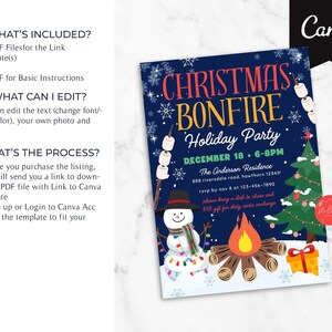May include: A blue and white Christmas party invitation with a snowman, a bonfire, and a Christmas tree. The text reads "Christmas Bonfire Holiday Party December 18, 6-8PM The Anderson Residence 888 Riversdale Road, Hawthorn 12345 RSVP by Nov 8 at 123-456-7890 Please bring a dish to share and $10 gift for dirty Santa exchange".