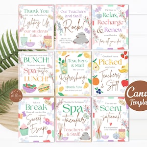 Editable BUNDLE Spa Themed Teacher Staff Appreciation Week Posters, Calm Zen Relax Theme, Treat Signs Itinerary Candy Fruit CANVA Template