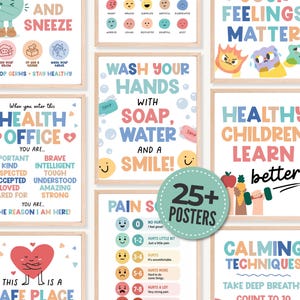 May include: A collection of educational posters featuring colourful illustrations and text including phrases like Wash Your Hands, Feelings Matter, and Health Office. The posters use a pastel colour palette and include a circular badge stating 25+ Posters.