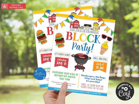 EDITABLE Neighborhood Block Party Invite, Bbq Picnic Summer Party, Announcement Flyer, Digital File, Printable Invitation, INSTANT DOWNLOAD