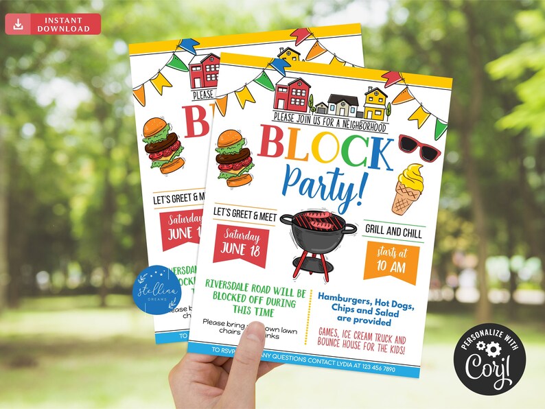 May include: A colorful invitation for a neighborhood block party. The invitation features a cartoon illustration of a grill, hamburgers, hot dogs, ice cream, and a bounce house. The text reads "Please join us for a neighborhood block party!" and includes the date, time, and location of the event.