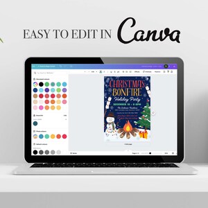 May include: A laptop screen displaying a Canva design template for a Christmas bonfire party invitation. The template features a snowman, a bonfire, and a Christmas tree. The design is colorful and festive.
