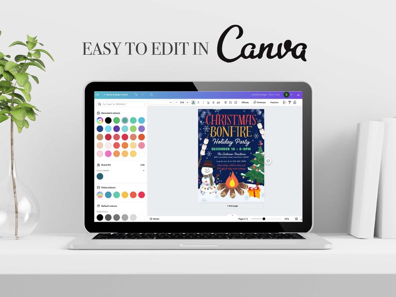 May include: A laptop screen displaying a Canva design template for a Christmas bonfire party invitation. The template features a snowman, a bonfire, and a Christmas tree. The design is colorful and festive.