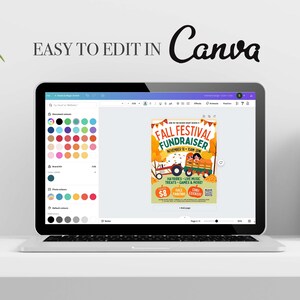 Op de afbeelding: Een computerscherm dat een Canva-ontwerp voor een herfstfestival-fondsenwerver toont. Het ontwerp bevat een cartoonillustratie van een tractor met pompoenen en een bord met de tekst "Herfstfestival-fondsenwerver" met de datum "18 november - 13:00-17:00 uur". Het ontwerp bevat ook details over het evenement, zoals hayrides, livemuziek, lekkernijen, games en meer.