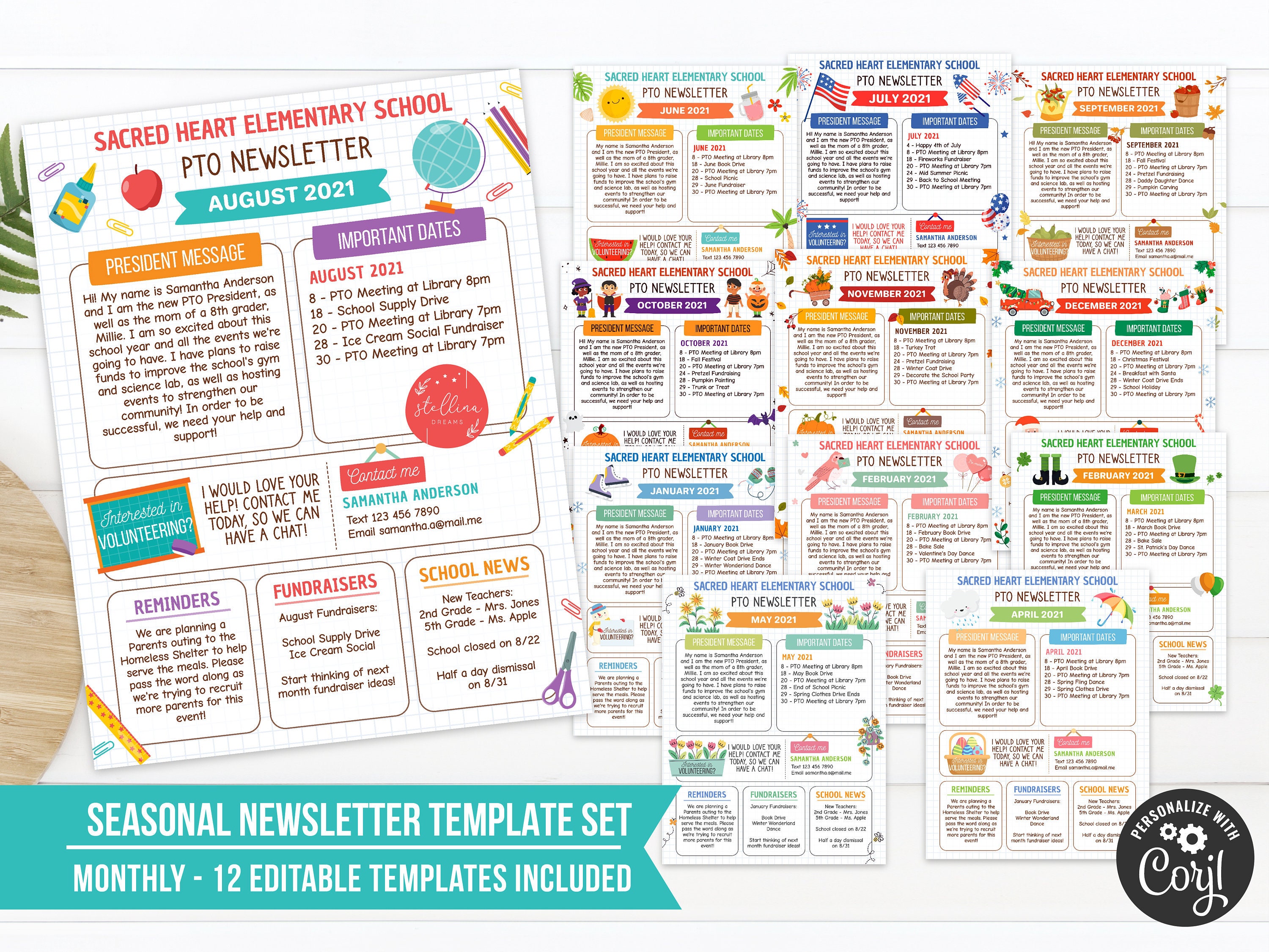 Yearly Pto Pta Newsletter Template Set, Classroom Printable Handout Flyer Bundle, Seasonal School Year Meeting Agenda Organizer, EDITABLE