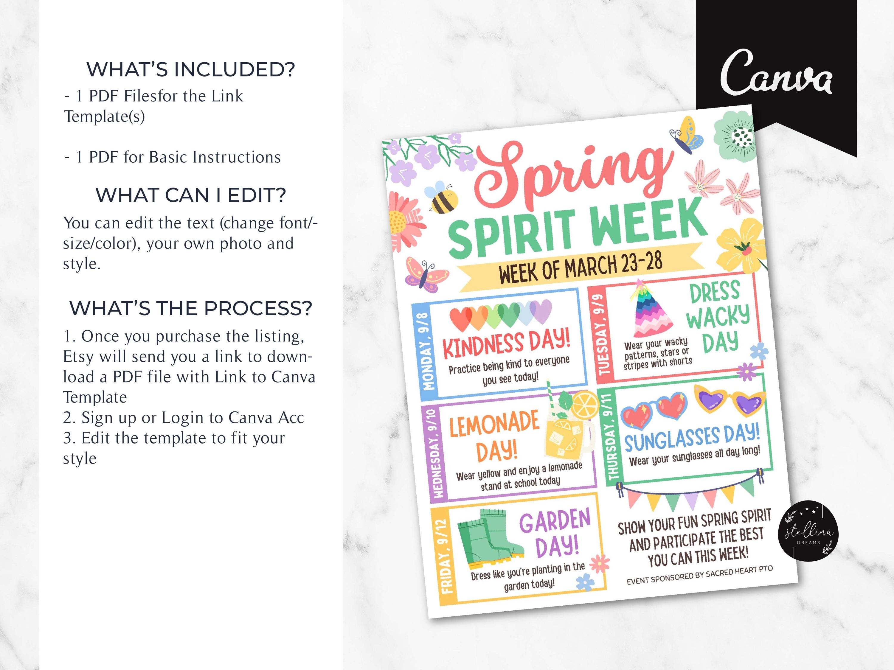 Spring Spirit Week Itinerary: Editable CANVA Template (digital Download ...