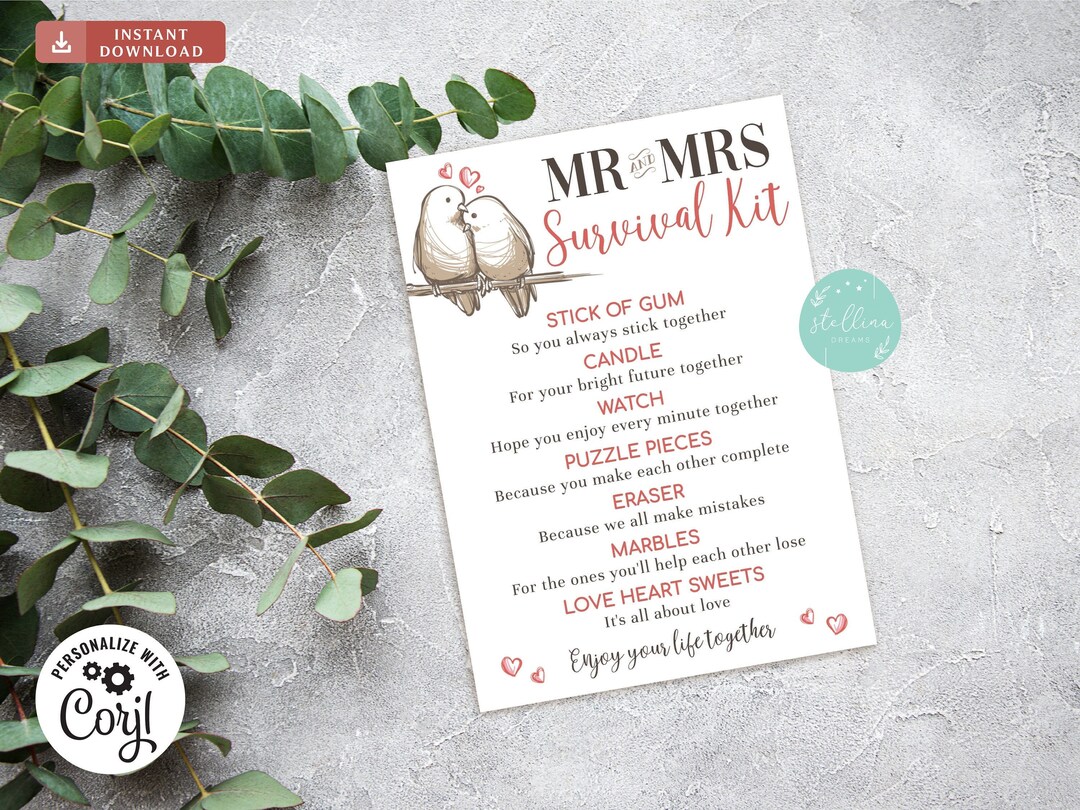 EDITABLE Mr and Mrs Survival Kit Card, Gift Basket Card for Bride, Gift