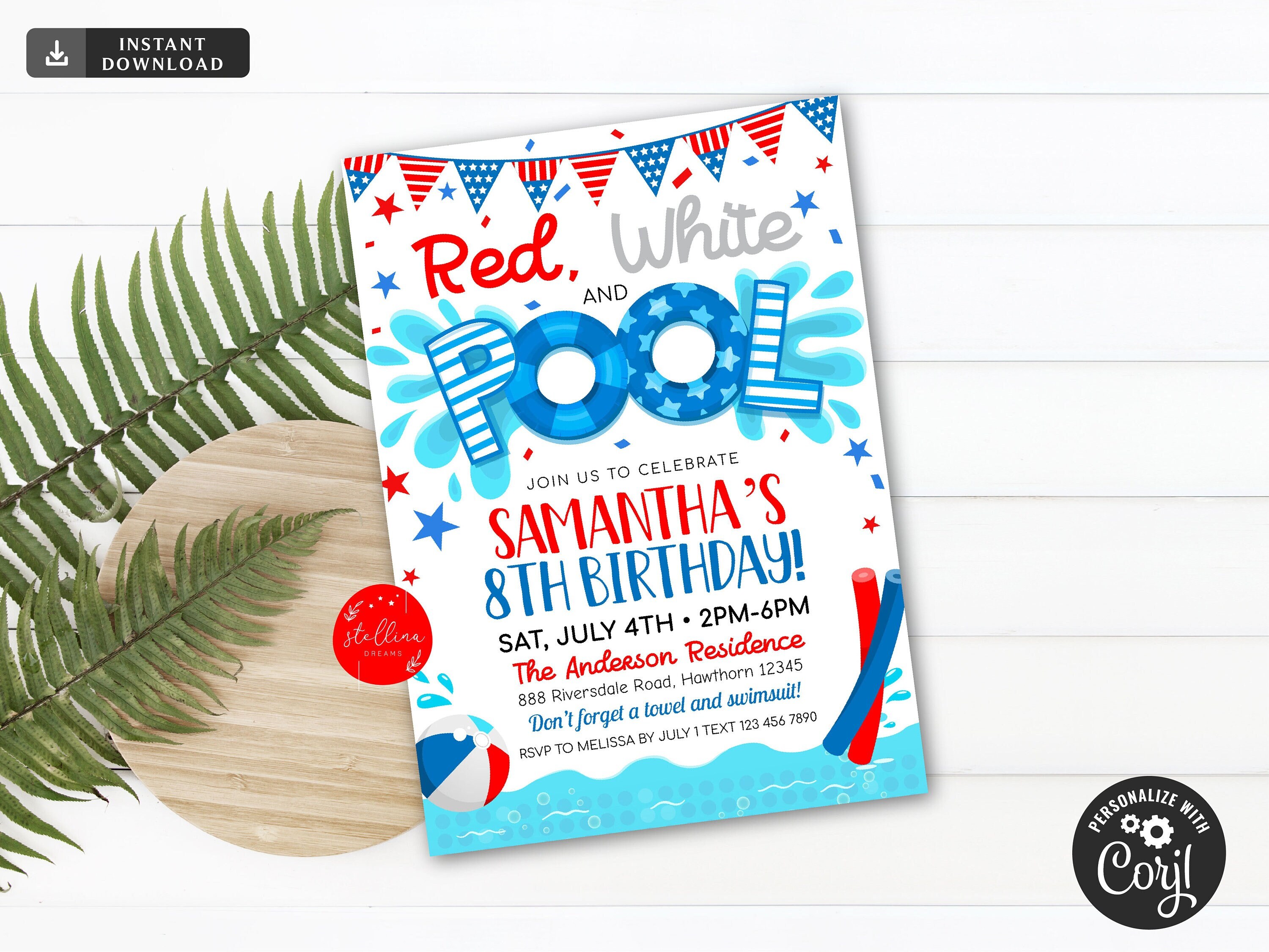Red White Blue 4th of July Birthday Invitation, July 4 Pool Party ...