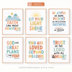 Kids Bible Verse Wall Art Prints: Sunday School Decor (Set of 6) (Instant Download) Rainbow Boho Poster