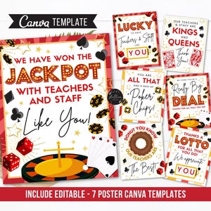 Può includere: Una collezione di sette modelli Canva con design a tema casinò. Il poster principale recita: "Abbiamo vinto il Jackpot con insegnanti e personale come te!" Altri poster dicono "Fortunati ad avere insegnanti e personale come te".