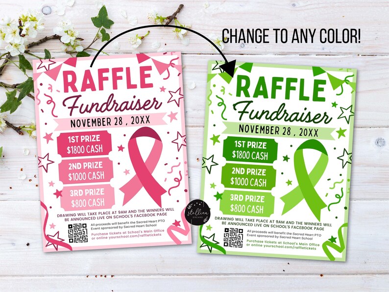 Pink Ribbon G Raffle Pink Ribbon Raffle Fundraiser Flyer for Cancer: Editable Canva Template ...