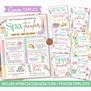May include: A colorful flyer with the text "Spa-tacular" and "Teachers & Staff Appreciation Week"  announcing a week of events for teachers and staff. The flyer includes a variety of activities, such as a tea party, a taco lunch, a mani-pedi, and a relaxing spa day. The flyer is decorated with flowers, spa-themed icons, and a light pink and blue color scheme.