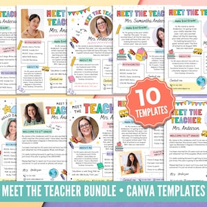 Può includere: Una raccolta di dieci modelli di volantini Meet the Teacher per insegnanti, caratterizzati da colorate illustrazioni grafiche di materiale scolastico, campi di testo personalizzabili e segnaposto circolari per foto personali.