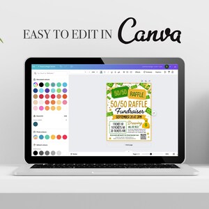 May include: A laptop screen displaying a Canva design template for a 50/50 raffle fundraiser. The template features a green and gold color scheme with images of money and a QR code. The text on the template reads "50/50 Raffle Fundraiser" and "September 28 at 2PM".