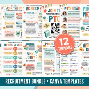 May include: A recruitment bundle of 12 Canva templates for a school PTO. The templates feature colourful designs with text like "Join the PTO," "First PTO Meeting," and "Membership Contest." The bundle includes various informational flyers.