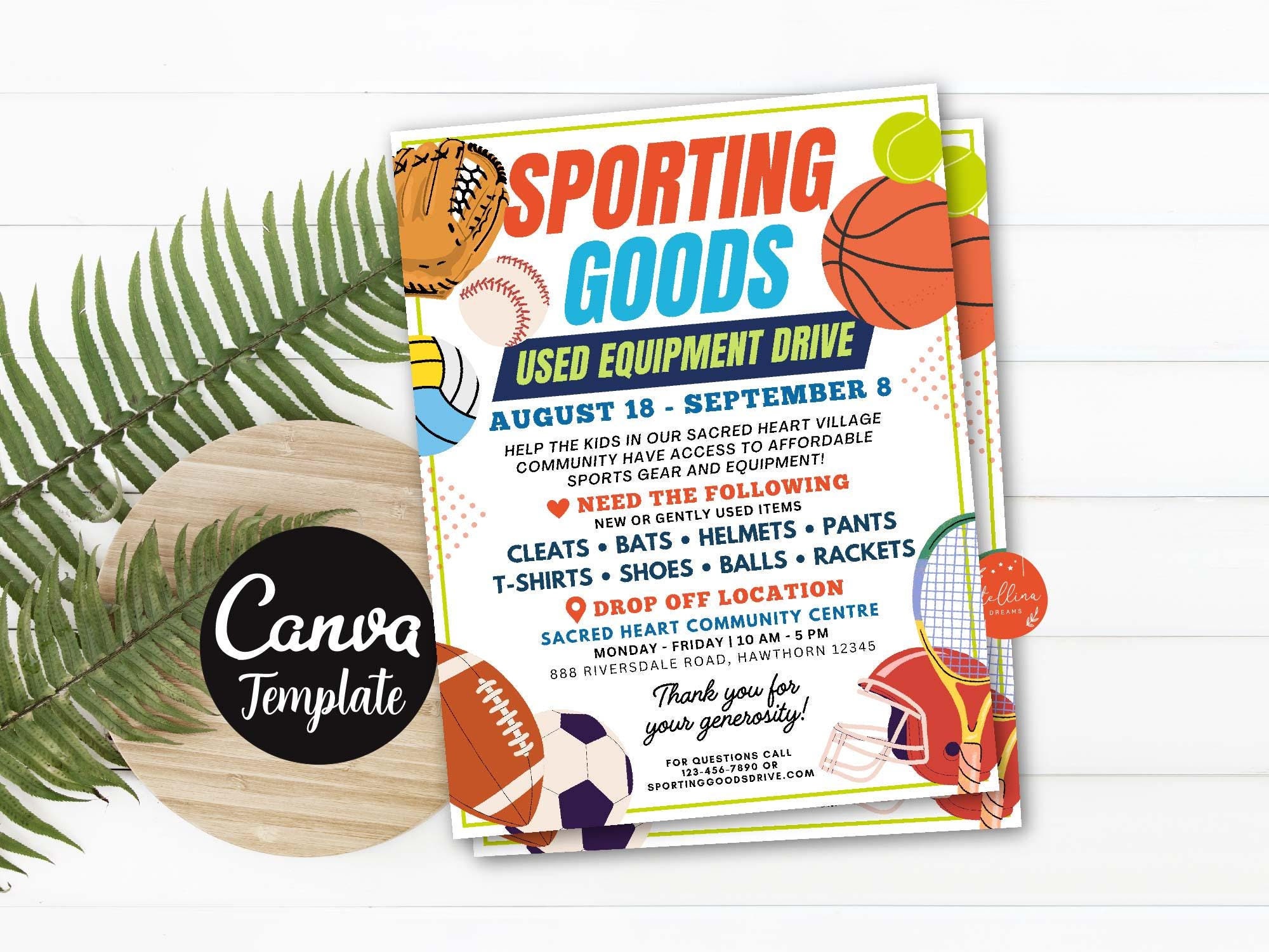 Editable Sporting Goods Equipment Drive Fundraiser Flyer Sports Team Printable Business Church Nonprofit School CANVA Template Diy Etsy