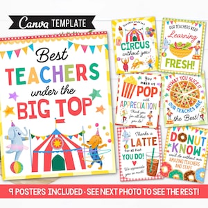 Pacchetto Poster per la settimana di apprezzamento per insegnanti e personale a tema carnevale circo Cartello ciambella, poster insalata, modello CANVA modificabile di ringraziamento per pizza