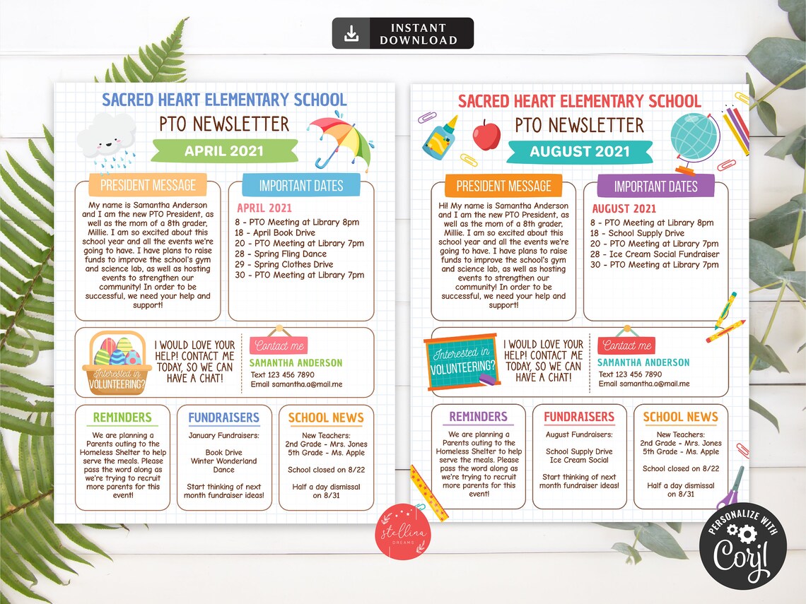 Yearly Pto Pta Newsletter Template Set, Classroom Printable Handout ...