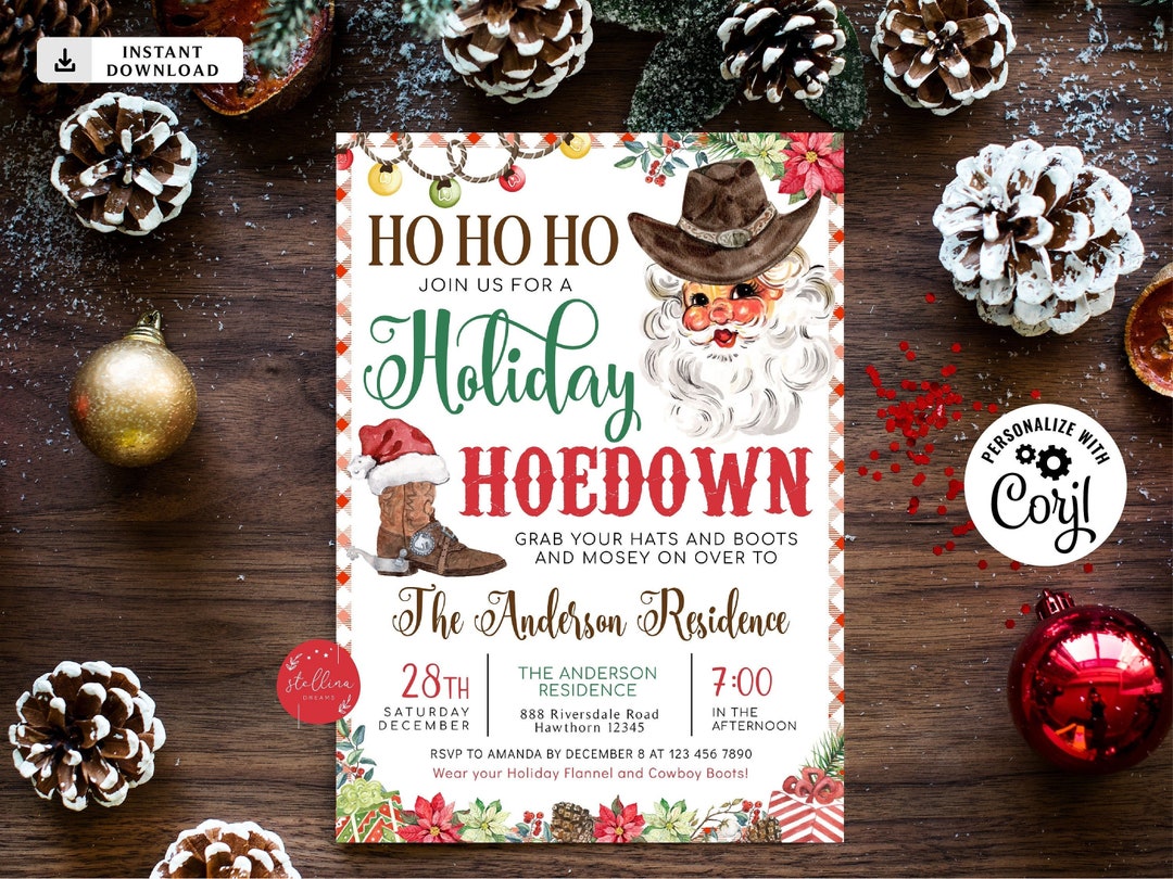 EDITABLE Christmas Hoedown Invitation, Cowboy Santa Ho Ho Hoedown