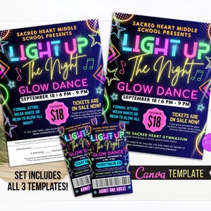 Bearbeitbares Light Up the Night Glow Dance Set, druckbare Schultanz-Flyer-Party einladen Ticket, Kirche Community Event CANVA Vorlage Bunt