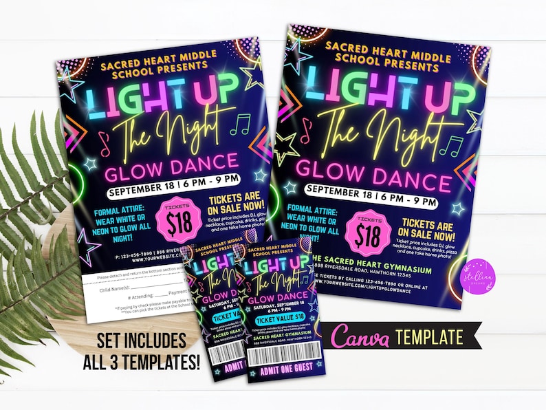 Glow Dance Flyer Set: School Event Invite, Ticket (CANVA Template ...