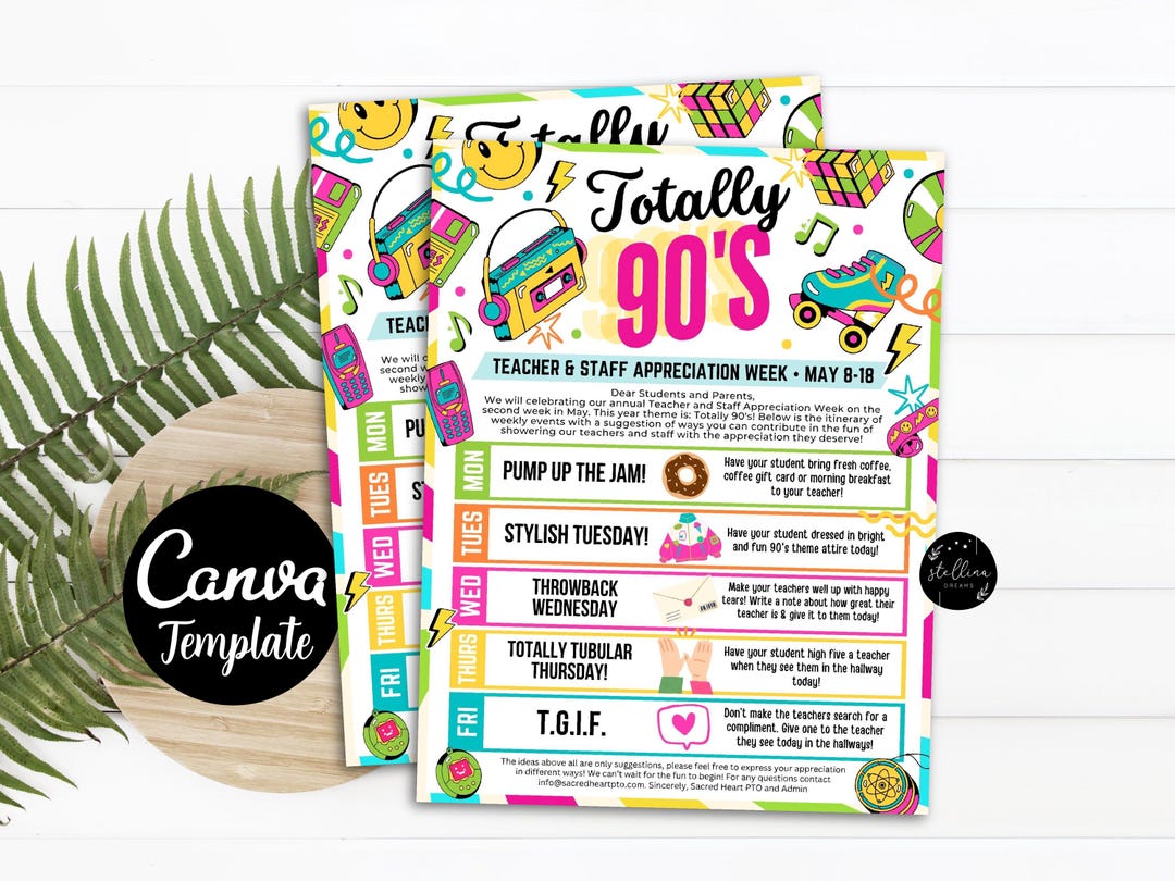 80s 90s Theme Teacher Appreciation Week Itinerary Take Home Flyer ...