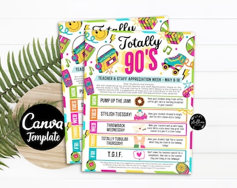 80s 90s Theme Teacher Appreciation Week Itinerary Take Home Flyer, Retro Throwback Old School Staff Schedule Events Editable CANVA Template
