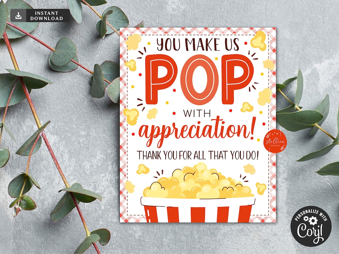 Popcorn Appreciation Sign INSTANT DOWNLOAD, School Pto Pta Appreciation