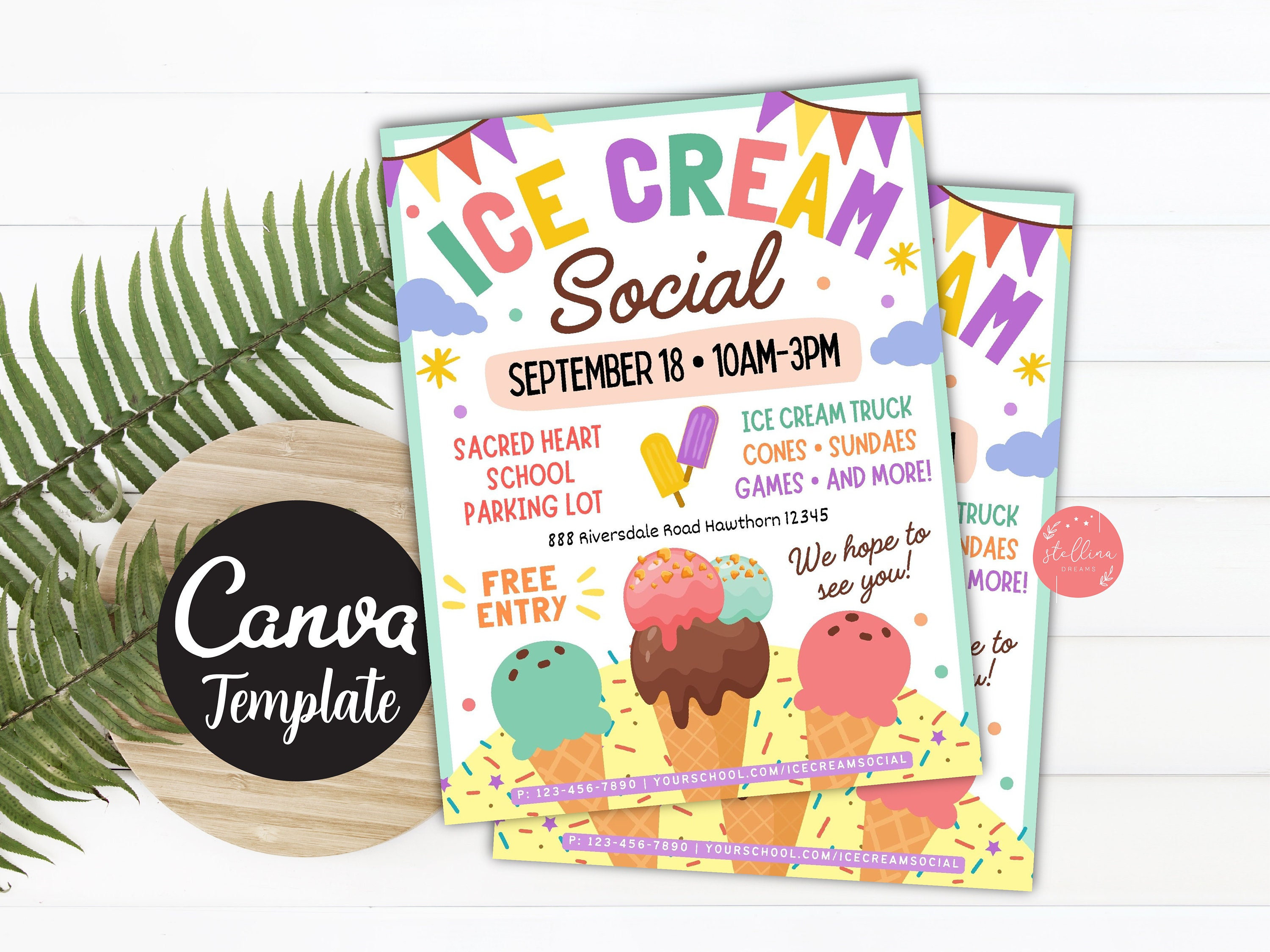 Editable Ice Cream Social Flyer Teacher Appreciation Week, Printable Ice Cream Fundraiser Party Invite, Church School pta pto CANVA Template