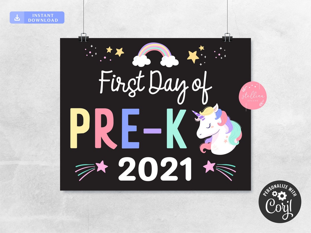 Unicorn First Day of Pre-k Sign, Rainbow First Day of School Sign ...