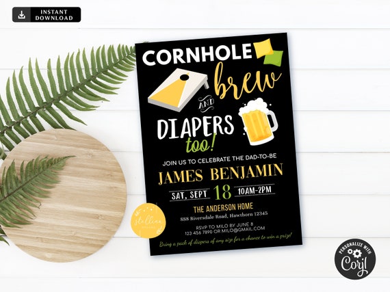 Editable Cornhole and Beer Baby Shower Invitation Chalkboard Printable Baby Sprinkle BabyQ, Grill Couples Shower BBQ Party, INSTANT DOWNLOAD