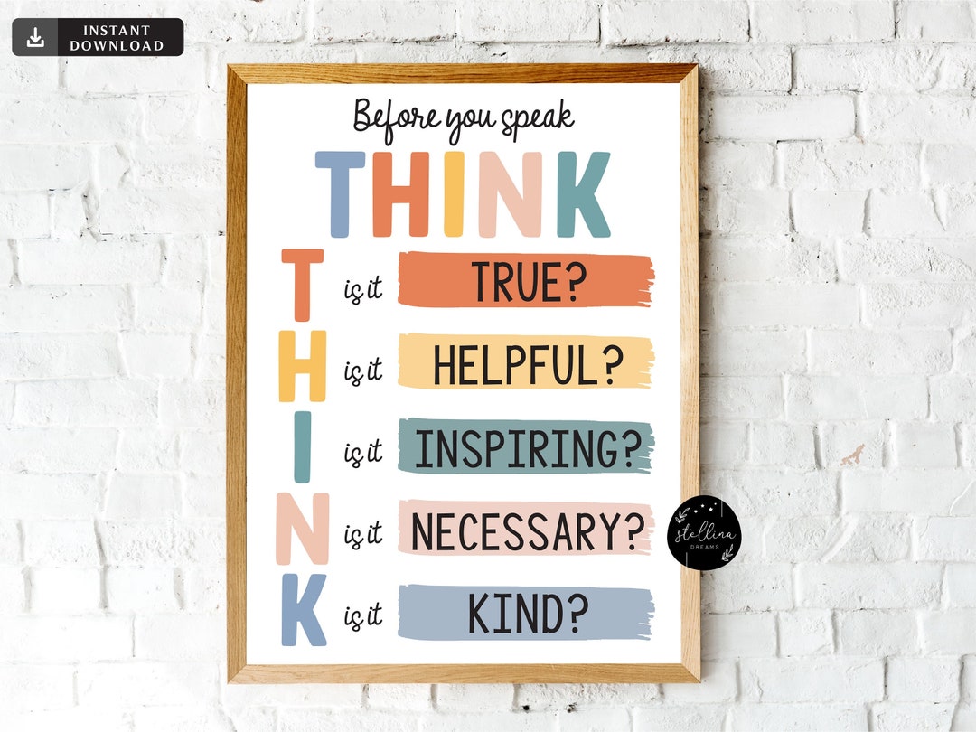 Think Before You Speak Sign, Printable Classroom Decor, Motivational Poster, Counselor Art