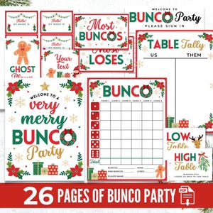 Puede incluir: Un conjunto de imprimibles para el juego de fiesta Bunco con temática navideña. Los diseños presentan acentos rojos y verdes, flores de pascua, copos de nieve y hombres de jengibre. Incluye tarjetas de puntuación, etiquetas con nombres y letreros con frases como "Most Buncos".