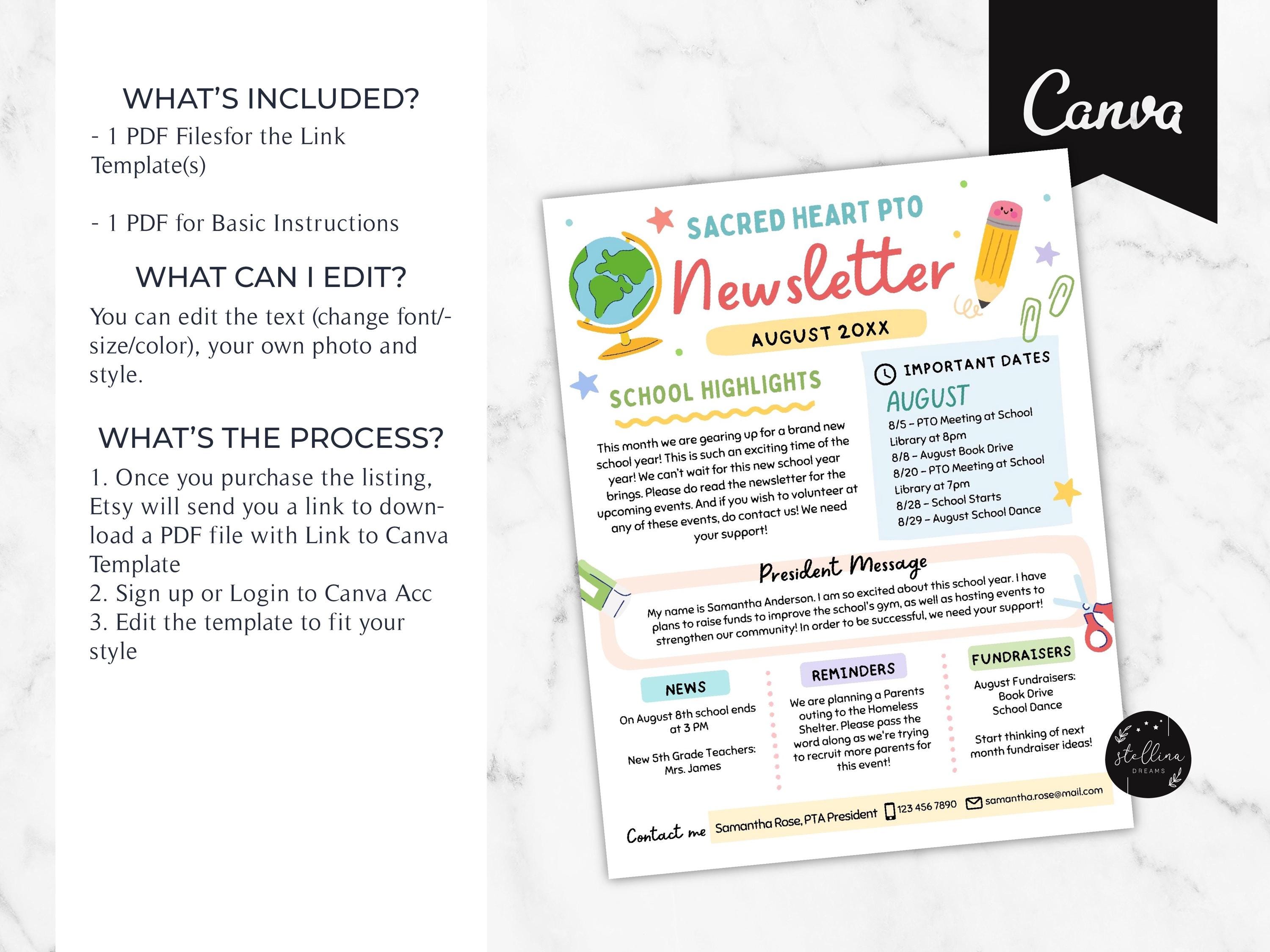 Editable PTO PTA Newsletter Flyer: School Calendar CANVA Template - Etsy