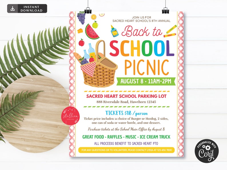Editable School Picnic Party Flyer: Back to School PTA PTO (digital ...