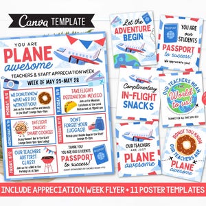Editable Bundle Plane Awesome Teacher Appreciation Itinerary, Travel theme Appreciation Poster Signs, Week Schedule Events, CANVA Template
