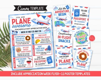 Editable Bundle Plane Awesome Teacher Appreciation Itinerary, Travel theme Appreciation Poster Signs, Week Schedule Events, CANVA Template
