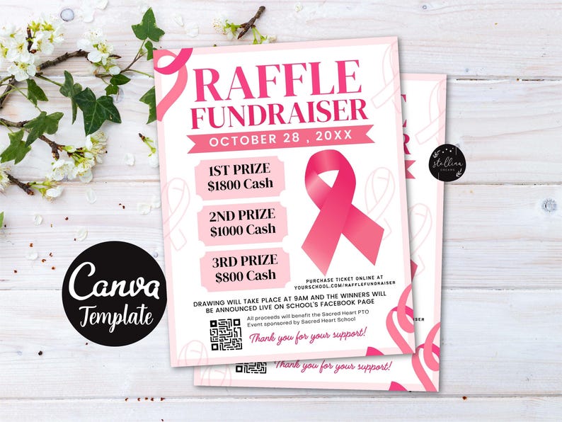 Pink Ribbon G Raffle Editable Raffle Fundraiser Flyer: Cancer Charity Event Template (CANVA ...