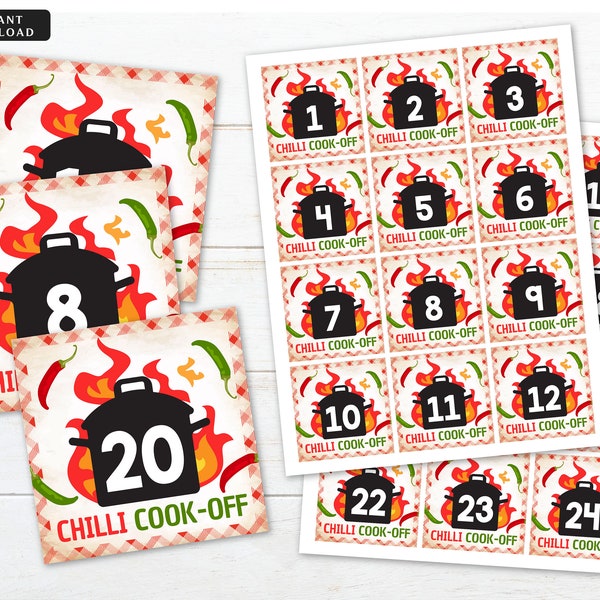 Chili Cookoff Labels, Holiday BBQ Printable Chili Dish Indentifying Tags, Potluck Company Party, Fundraising Event INSTANT DOWNLOAD pdf