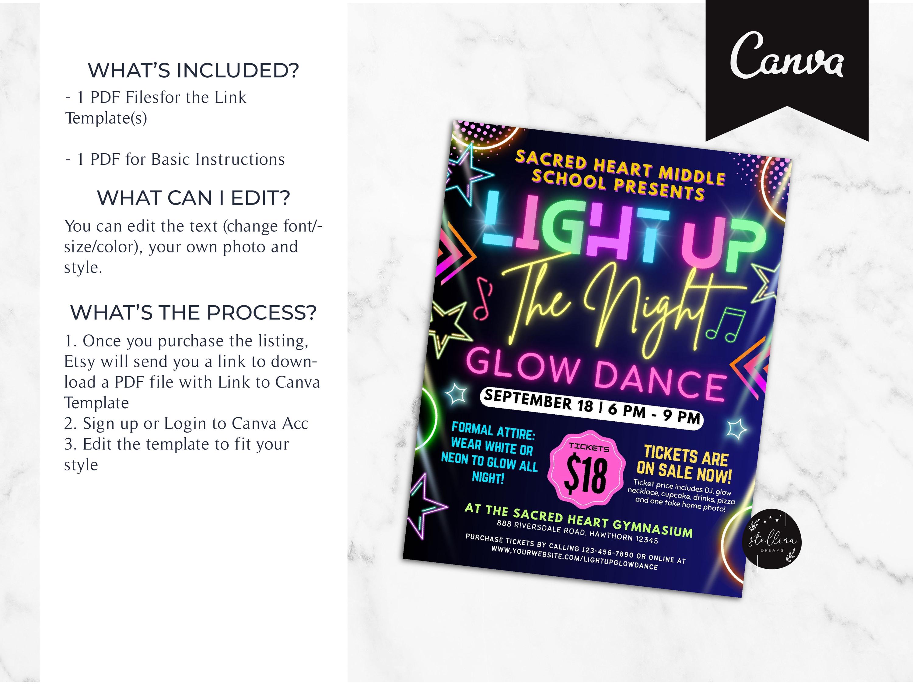 Glow Dance Flyer Set: School Event Invite, Ticket (CANVA Template ...